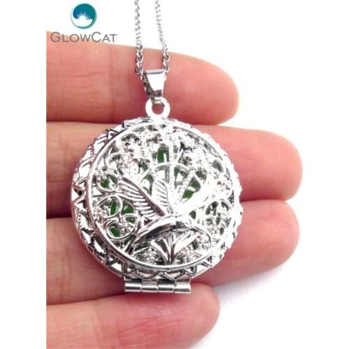 K493 Silver 32mm Flat Hummingbird Animal Locket Necklace 18" + 10pcs 18mm pad Aroma Essential Oil Diffuser Locket