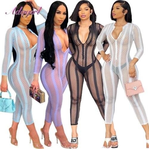 Casual Fishnet Long Sleeve Zip Hollow Out Night Party Club Jumpsuit Women Sexy Pajamas Lingerie One Piece Rompers Outfit Overall