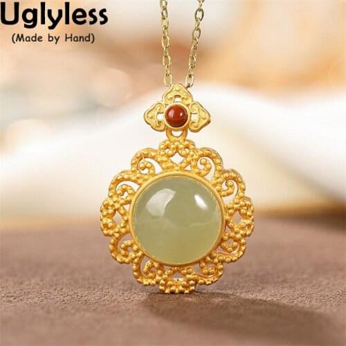 Uglyless Exotic Vines Frame Hollow Vintage Necklaces for Women Natural Jade Pendants Jewelry 925 Silver Agate Bijoux NO Chain