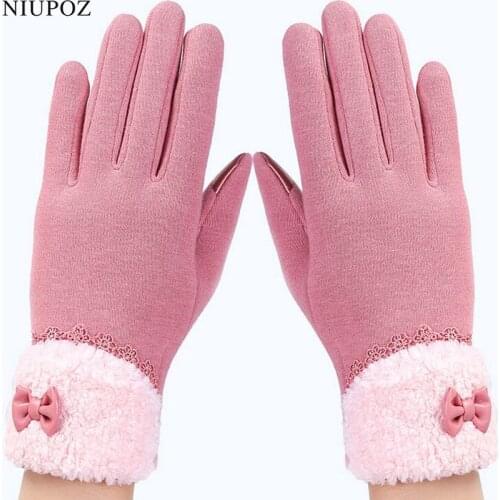 Womens Touch Screen Gloves Winter Fashion Bow Ladies Lace Splice Warm Gloves Mittens Cashmere Female Wrist Guantes Gift 16A