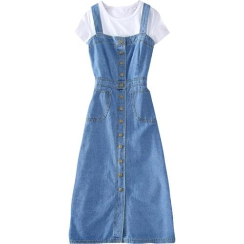 2020 Spring Summer Women Denim Sundress Blue Slim Sunspender Jeans Dress Casual A-line Buttons Party Dresses Vestidos