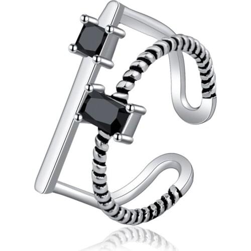 Personality Gothic Vintage Black Crystal Rings For Women Bridal Wedding Engagement Punk Resizable Antique Rings Rock Jewelry