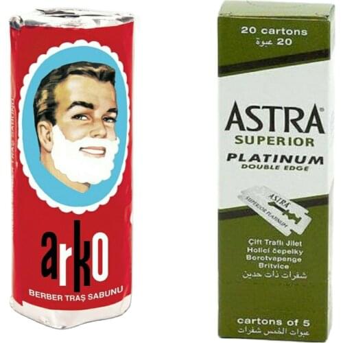 100 Astra Superior Platinum Double Edge Side Safety Shaving Razor Razor + Arko Shaving Soap Gift Natural Soap Natural Shaving