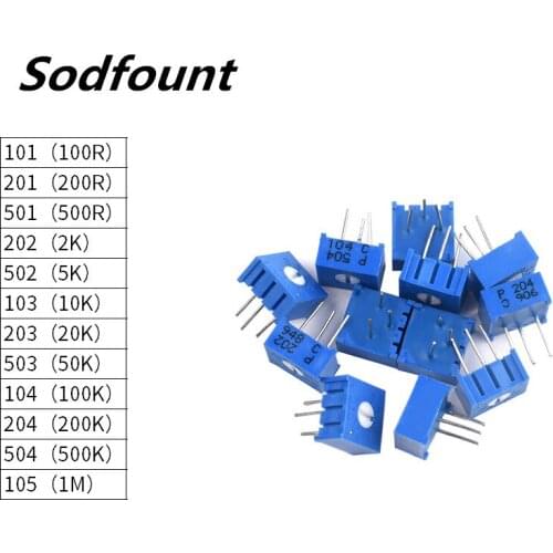 12pcs 3386P potentiometer kit 101/501/501/503/204/105/103/202/104 100R 200R 500R 2K 5K 10K 20K 50K 100K 200K 500K 1M