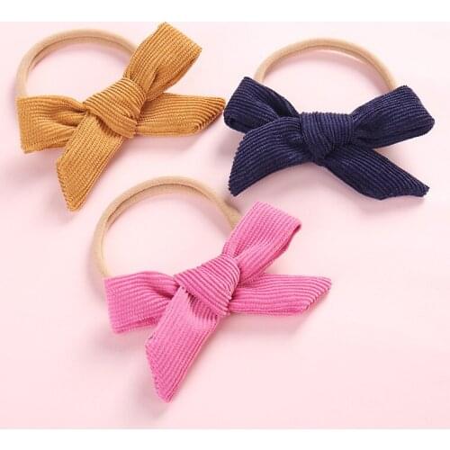 14 PCS/lot, Hand Tied Bow Nylon Headbands Or Hair Clips, Newborn Baby Girls Corduroy BOW headband, Baby Shower Gift