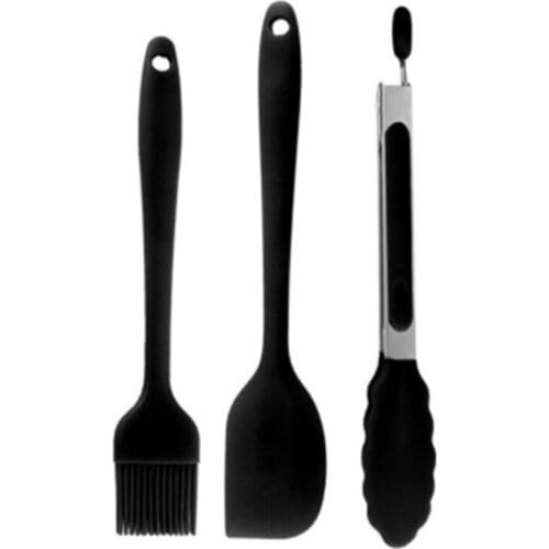 3PCS Black Silicone Oil Basting Brush BBQ Tongs Set Cake Cream Scraper Butter Smoother Kitchen Grill Food Meat Tongs Barbecue