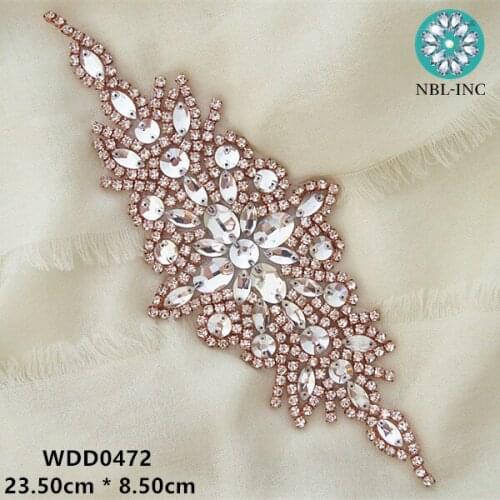 30PCS)Wholesale hand beaded sewing bridal flower rose gold clear crystal rhinestone applique iron on for wedding dress WDD0472