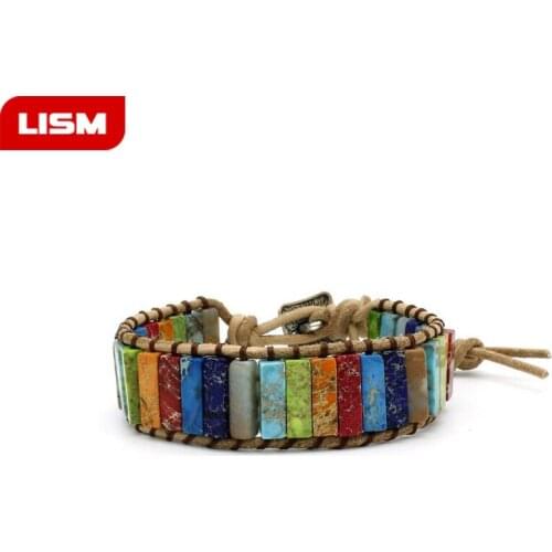 Chakra Bracelet Jewelry Handmade Multi Color Natural Stone Tube Beads Leather Wrap Bracelet Couples Bracelets Creative Gifts