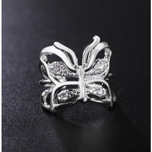 Charm 100% 925 Sterling Silver Crystal butterfly Ring For Women adjustable Fashion Retro Wedding Party Gift high quality Jewelry