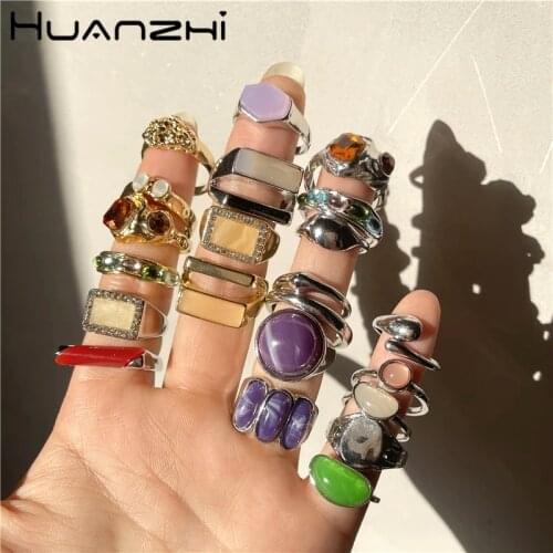 HUANZHI 2021 New Korea Colorful Stone Rhinestone Metal Chain Trendy Geometry Hit Rings Set for Women Girls Jewelry Gifts