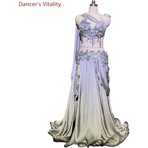 Customized Belly Dance Ribbon Bra Applique Skirt Women Oriental Indian Drum Dance Competition Performance Costume Stage We