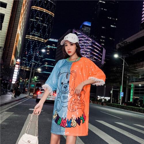 Summer Sequins Bear Pattern Loose T Shirt Women Casual Fashion Lace Sleeve T-Shirt