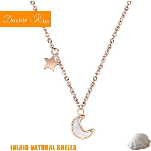 Moon Star Pendant Necklace Titanium Stainless Steel Chain Necklace Inlaid Natural Shells Women Jewelry Birthday Romantic Gift
