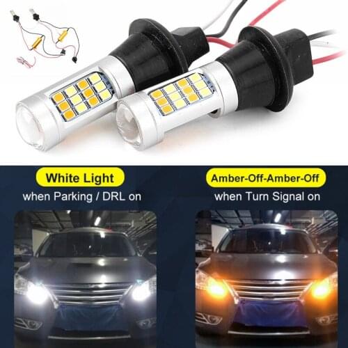 Mayitr 2pcs 7440 T20 Amber+White Dual Color Light Bulbs Super Bright LED Turn Signal Parking Lamp for Car Lighting Parts