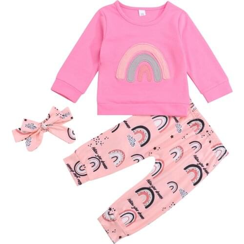 2021 0-3Y Fashion Kids Baby Girl Clothing Patch Long Sleeve T-shirt and Rainbow Print Long Pants with Headband Fall 3pcs Set