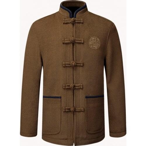 Winter New Mens Long Sleeve Jacket Traditional Chinese Tang Suit Autumn Embroider Woolen Coat Mandarin Collar Outerwear