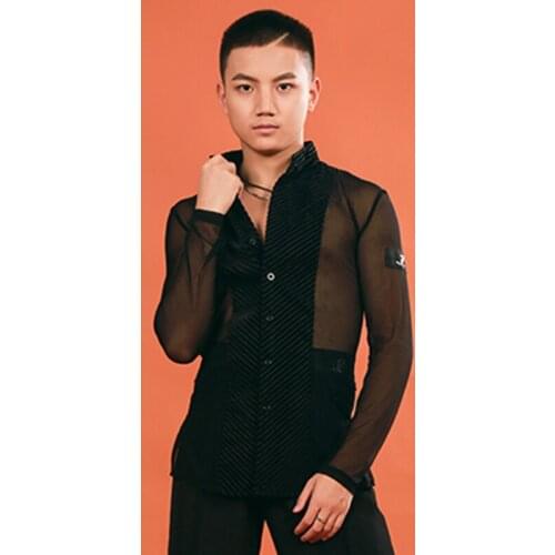 Male Latin Dance Shirts Sexy Mesh Top Cha Cha Rumba Samba Tango Salsa Dancing Clothes Men Competition Performance Wear DNV12509