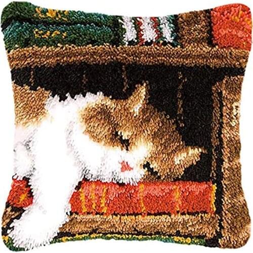 Latch Hook Rug Kits Animal Cat Cushion Carpet Cover Floor Mat Red leaf Sewing Needlework for Adults Kids Gift