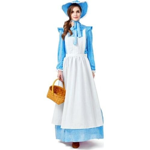 Sky Blue Fancy Dress Women Maid Halloween Costume Pastoral Style Farm Long Dress California Pioneer Cosplay Clothing Plus Size