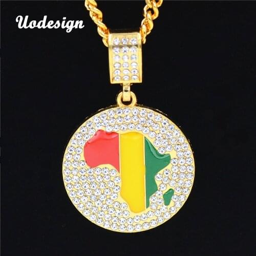 Uodesign 2 Sizes Gold Jamaican Africa Map Continent African Round Pendant Cuba Chain Necklace Hip Hop Jewelry