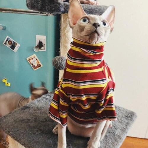 Pet Shirt High Collar Skin-friendly Short Sleeve Cat Fashion Striped Clothing for Autumn Winter