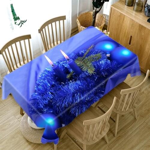 3d Christmas Tablecloth Blue Ball and Candle Pattern Thick Cotton Cloth Rectangular Round Table Cloth for Christmas