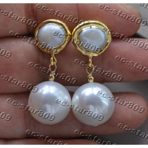 Z11350 16mm White Round South Sea Shell Pearl Gold plated Dangle Earring Women Fasion Jewelry