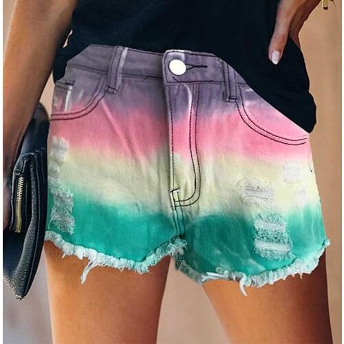 Plus Size Summer Denim Shorts Womens Casual Pants Hole Denim Trouser Colorful Candy Tie-dye Shorts High Waisted Jeans For Women