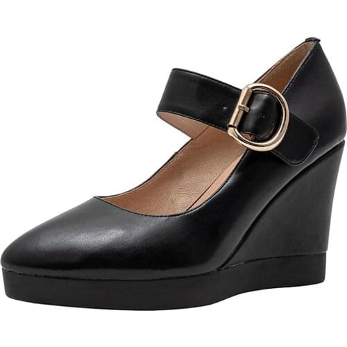 GIGIFOX Brand New Elegant Confy Walking Mary Janes Pumps Ladies Office Wedges High Heels Platform Genuine Leather Woman Shoes