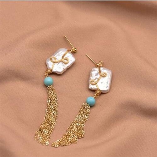 Golden Tassel Earrings Natural Freshwater Baroque Flat Pearl Ear Pin Temperament Fine Jewelry Fashion Party Evening Accessories
