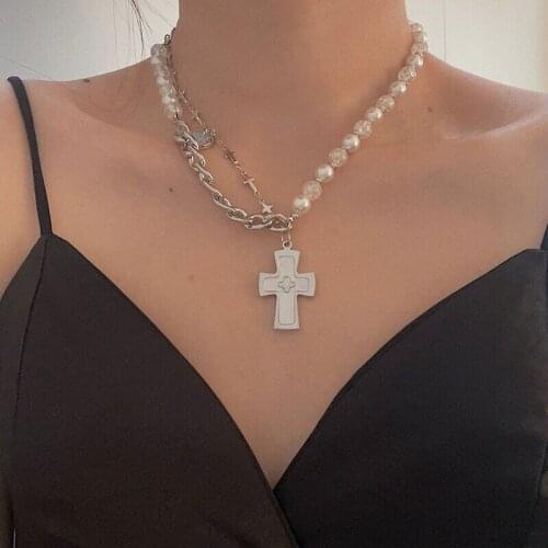 12pcs/lot New High-end Pearl Metal Chain Stitching Necklace, Fashionable Love Cross Pendant Clavicle Chain Accessories for Women