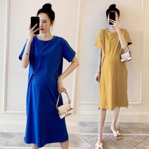 9048# Maternity Clothes Summer Solid Color Cotton Short Sleeve Loose Stylish t-shirts Dress for Pregnant Women Mom Dress