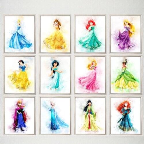 Watercolor Princess Cartoon Posters and Prints Wall Pictures Princess Art Canvas Painting Baby Girls Room Wall Decor