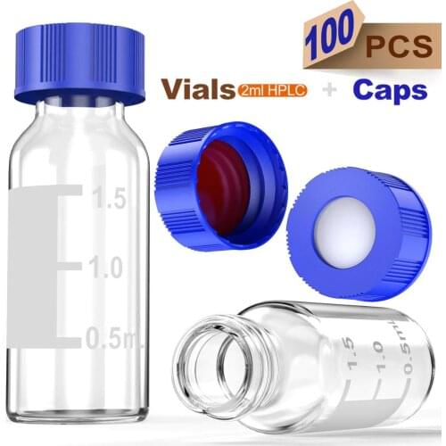 Autosampler 2ml HPLC 9-425 Clear glass vial Bottles with Write-on Spot and 9mm ABS Screw Caps, 100Pcs by Ks-Tek
