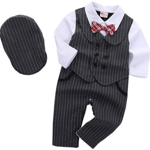 2020 Baby Boy Clothes Romper+Berets 24M 18M Clothing Sets Cotton Boys Baby Clothing Bow Black Long Sleeve Formal