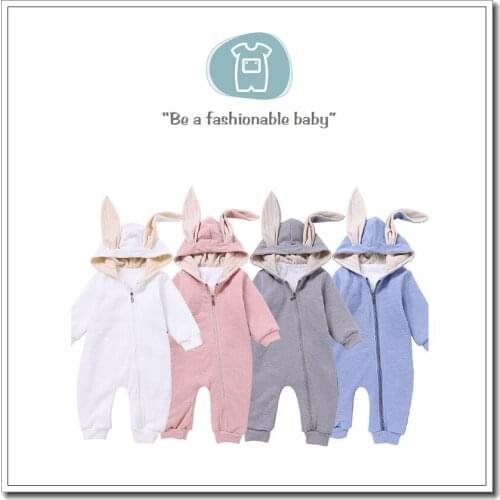 Baby Infant Spring Autumn Romper Hooded Rabbit Solid Full Sleeve 0-2 Years Clothes Think Birthday Kids Boy Girl Overall Outfits