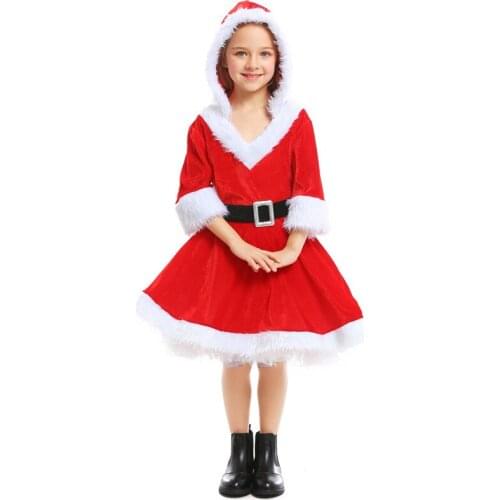 Girl Red Christmas Velvet Outfit New Year Gift Santa Claus Costume Child Kid XMAS Fancy Dress Hooded