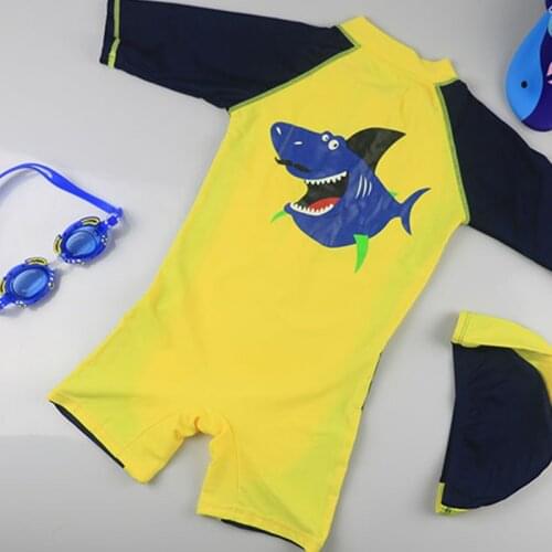 Children swimwear Boy Swim One-Piece Suit Caps Set Yellow Swimsuit Skinsuits Kids Swimming One-Piece Suits Sweemwear Wetsuit
