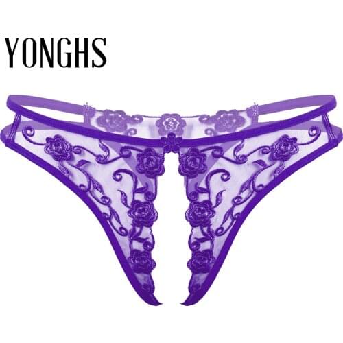 Erotic See-through T-back Briefs Womens Lingerie Crotchless Underwear Flower Embroidery Low Waist Sexy Open Crotch Underpants