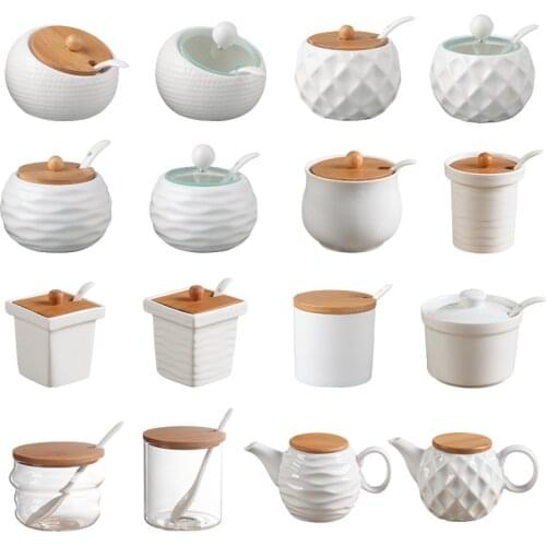 Ceramic Seasoning Jars with Wooden Lid Salt Shakers Kitchen Supplies White Spice Organizer Canister Spoon Set White Sugar Box