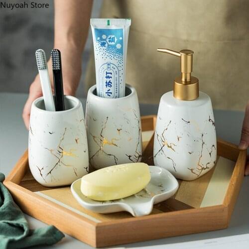 Light Luxury Ceramic Bathroom Four-piece Marble Pattern Lotion Bottle Mouthwash Cup Soap Dish Bathroom Decoration Accessories