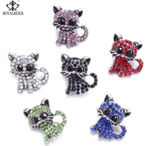 ROYALBEIER Mixed Rhinestone Metal Cute Cat Snap Fit 18mm Snap Button Golden Beads Jewelry Beads for Jewelry Making KM0140