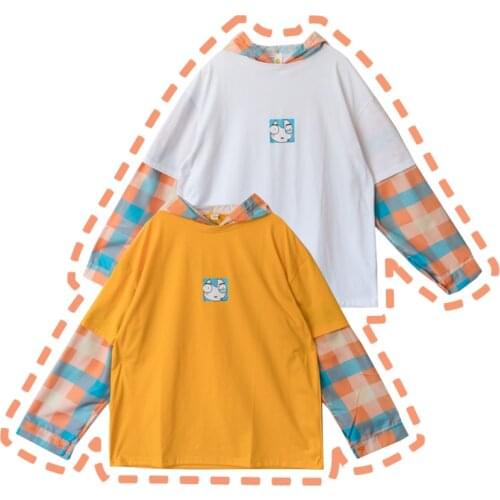 Cute Cartoon Girl Plaid Checks Sleeve Patcwork Womens Autumn Spring Hoodies Fake 2pcs Cotton Hooded Sweatshirt Girl Tops