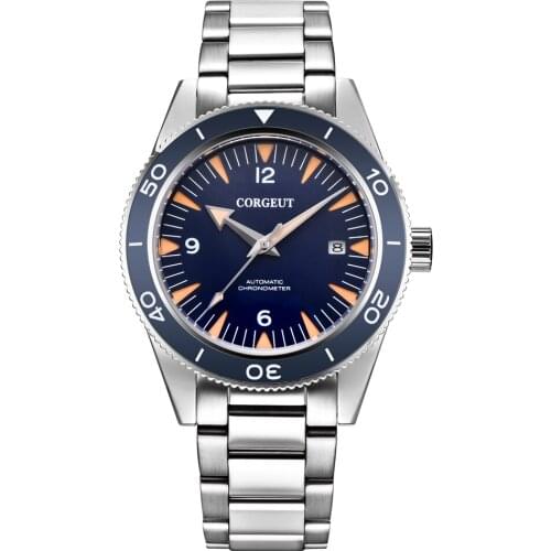 Mens automatic watch 41mm corgeut blue dial seagull movement Ceramic bezel luminous waterproof date mechanical wristwatch