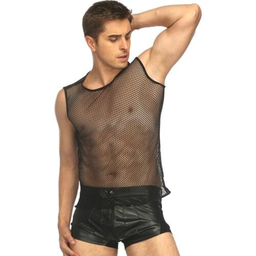 Erotic Fishnet Tank top Men O Neck Sleeveless Tranparent See Through Sheer Mesh Vest Gay Pole Dance Night Club Wear XXL