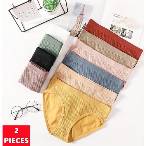 2Pcs/Set New Threaded Cotton Womens Panties Sexy Seamless Briefs Mid-Waist Underpants Solid Color Ladies Briefs Female Lingerie
