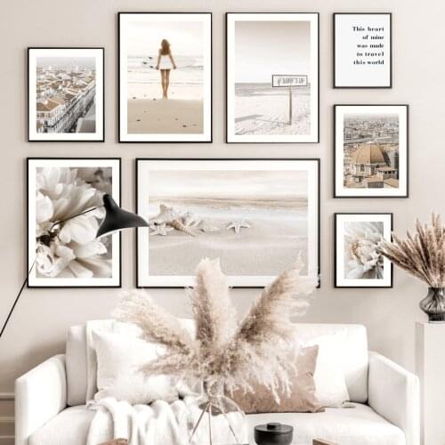 Beach Surf Girl Seaside Starfish Conch Peony Flower Wall Art Print Canvas Painting For Living Room Nordic Poster Decor Pictures