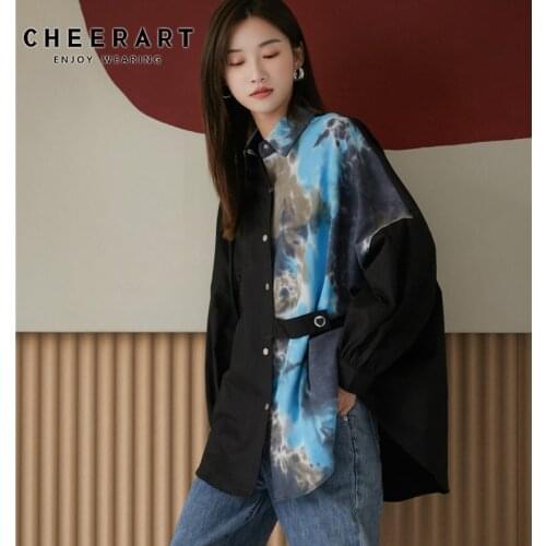 CHEERART Tie Dye Oversized Shirt Women Long Sleeve Blouse Patchwork Top Button Up Collar Designer Shirt Autumn Spring Clothes