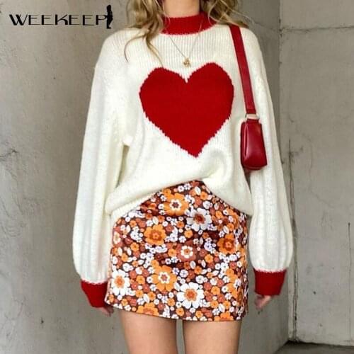 Weekeep Cute Heart Print Womens Sweater y2k Aesthetic Kawaii Pullover Loose Top Autumn Long Sleeve Casual Basic 2021 Streetwear