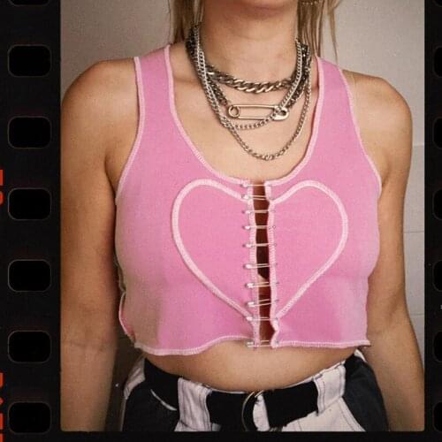 Y2K Aesthetics Pink Stitch Heart Sleeveless Tank Tops E-girl Summer O-neck Hollow Out Clips Crop Top Streetwear Punk Top